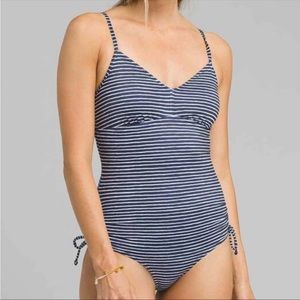 Prana women’s dark blue and white striped one piece swimsuit size medium